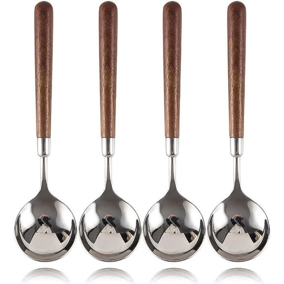Set of 10-7.59-Inch Soup Spoons with Wood Handles - 304 Stainless Steel Round Dinner Spoons - Mirror Polish Flatware for Home Kitchen (Soup spoon-Polished)