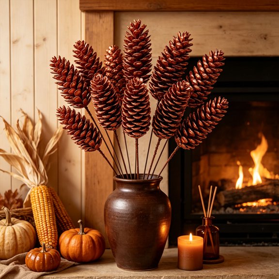 Set of 10 Artificial Pine Cone Stems, Faux Pinecone Picks, Natural Looking Pine Cone Branches for Fall Thanksgiving Christmas Vase Arrangement, Wreath DIY Crafts