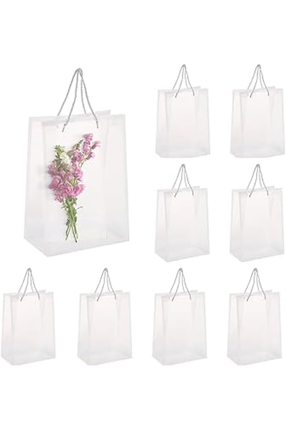 Set of 10 Clear Flower Bouquet Bags with Handles, Transparent Floral Gift, Presents Boxes, Florist Flower Tote Bags for Mother's Day, Wedding, Birthday, Anniversary, Housewarming (White)