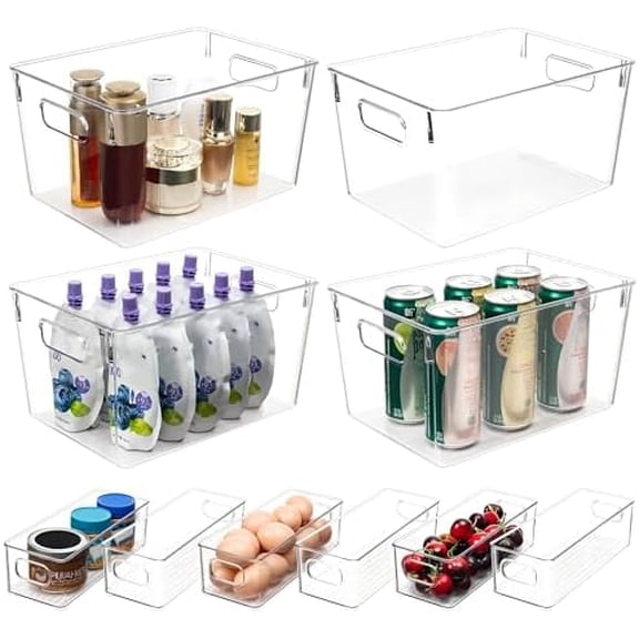 Set of 10 Clear Plastic Storage Bins, 4 Large and 6 Small Stackable Storage Containers for Pantry Organization, Organizer Bins for Home, Kitchen, Bathroom, Office, Cabinet Shelf Organizers