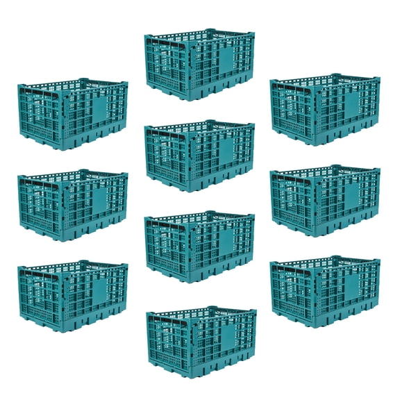 Set of 10 Collapsible Plastic Storage Box 52L Large Capacity Foldable Moving Container, Stackable Utility Storage Crates for Vehicle Trunk, Office, Garage and Warehouse, Green
