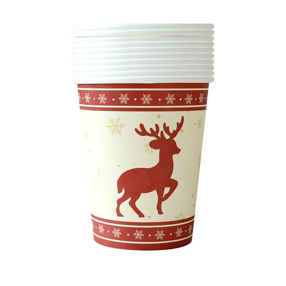 Set Of 10 Disposable Christmas Paper Cups For Hot Or Cold Beverages With Festive Snowflakes And Trees And Elks Designs Stackable And Durable For Parties And Holiday Decor