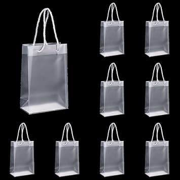 Set of 10 Frosted Plastic Gift Bags with Rope Handle, 8.25" / 12" / 14" Tall Party Favor Bags Floral Arrangements Shopping Boutique Bags (Frosted White, Small (8.25"))
