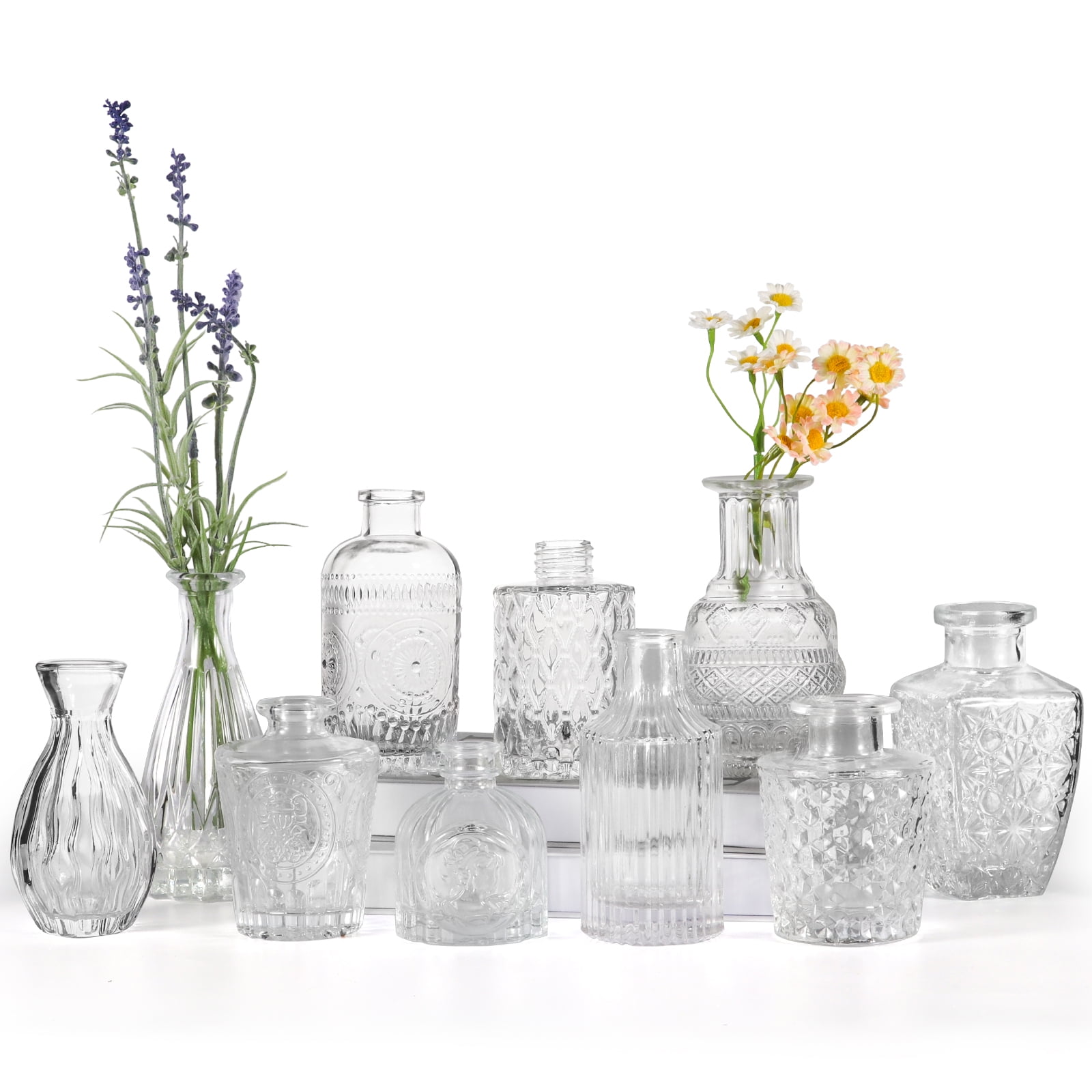 8pc Clear Vintage Glass Wedding Bottle Set, Assorted Wedding Table and  Centerpiece Display