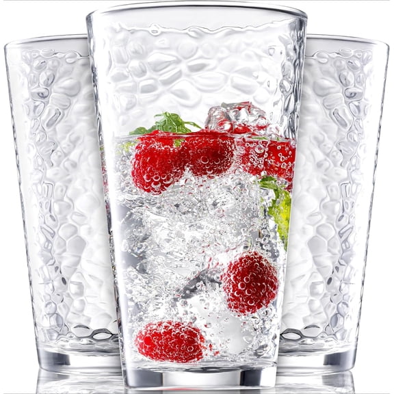 Set of 10 Hammered Clear Drinking Glasses 16oz, Heavy Base Stackable Tumbler Cups, Food Grade BPA Free, Dishwasher & Freezer Safe Non-Slip Design with Secure Eco-Friendly Packaging