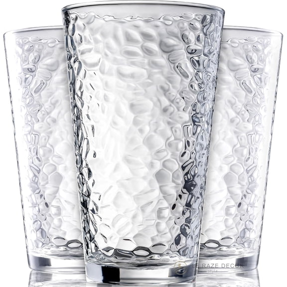Set of 10 Hammered Glass Cups, 16oz. Dishwasher Safe Cocktail Drinking Glasses - Clear Heavy Base Stemmed Water Glasses, Tall Beer Glasses, Bar Glass, Juice, Iced Tea, Margarita, & Everyday Drinks.
