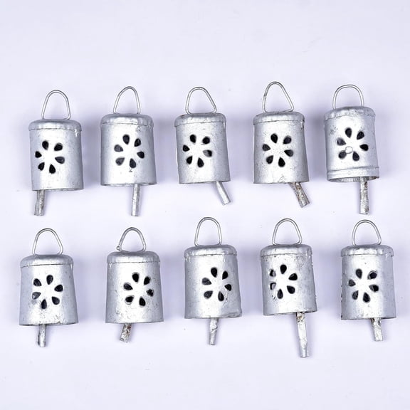 Set of 10 Handmade Silver Bells Rustic Metal Decorative Bells, Mini Cowbells, Antique Hanging Ornaments for Christmas, Vintage Bell for DIY Craft and Wind Chimes Making, Jingle Bell Farmhouse Decor