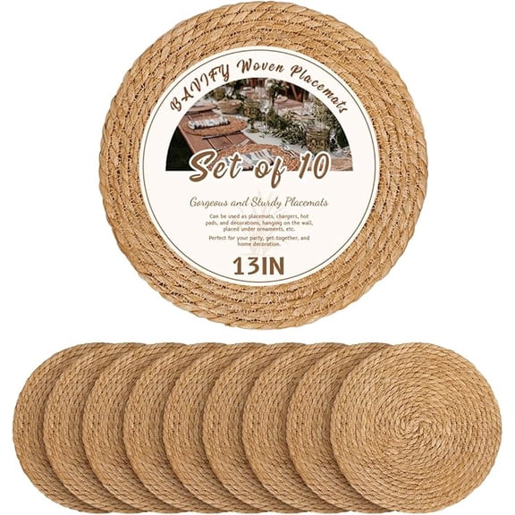 Set of 10 Handwoven Round Placemats - 13 Inch Natural Rattan Table Mats for Dinner Plates, Artisan Boho Farmhouse Decor with Textured Wicker Chargers for Dining Table