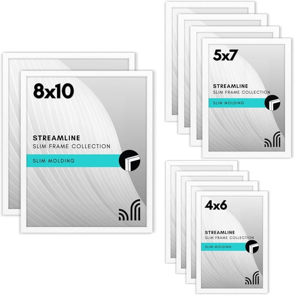 Set of 10 Picture Frames with Shatter-Resistant Glass - Gallery Wall Frame Set with Two 8x10, Four 5x7 and Four 4x6 Frames - Streamline Collection - White