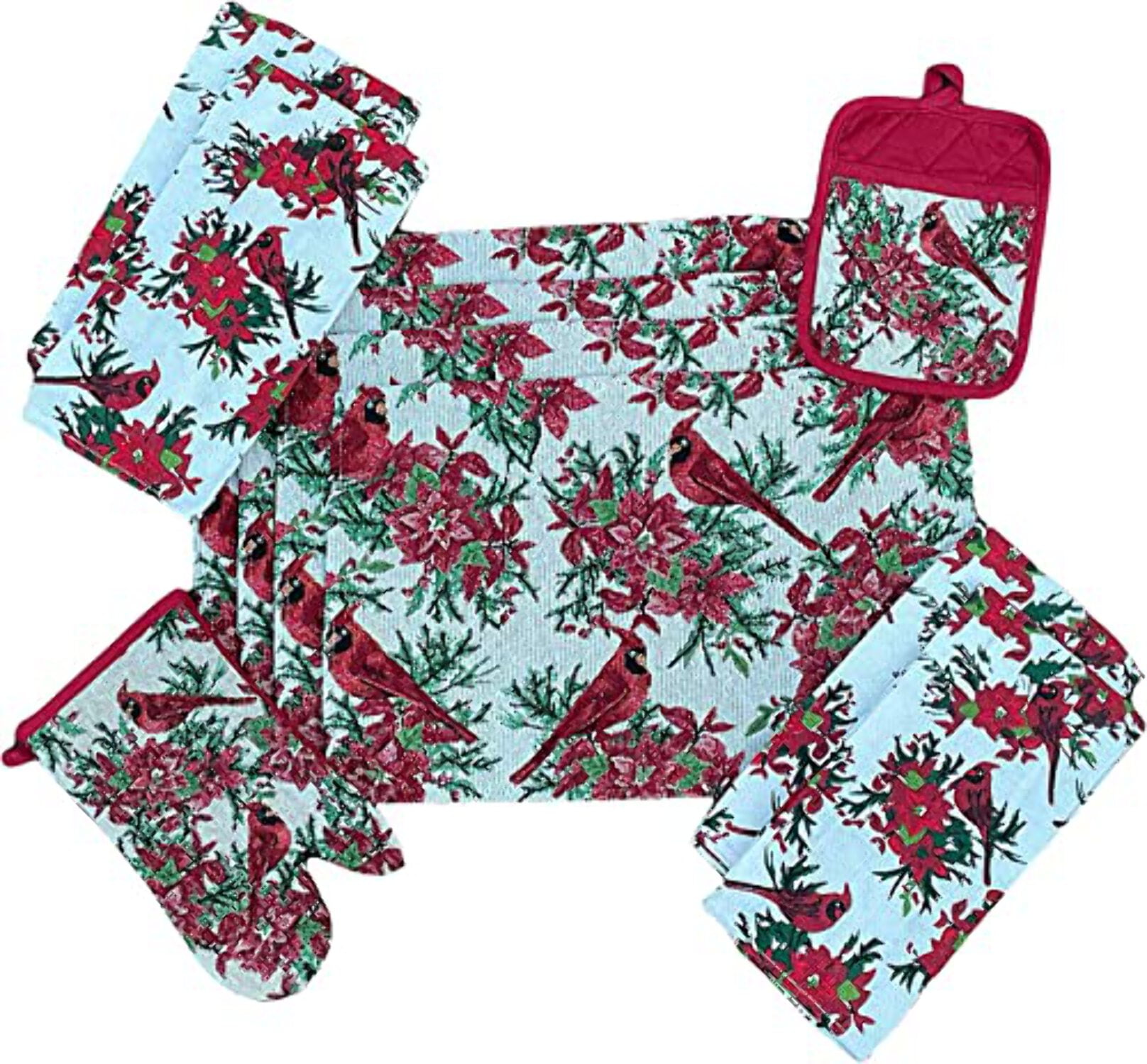 Set of 10, Red Cardinal Bird Holiday Season Christmas Design Tapestry Kitchen Towel Set, Include 4 Placemats, 4 Kitchen Towels, Pot Holder  Oven mitt.