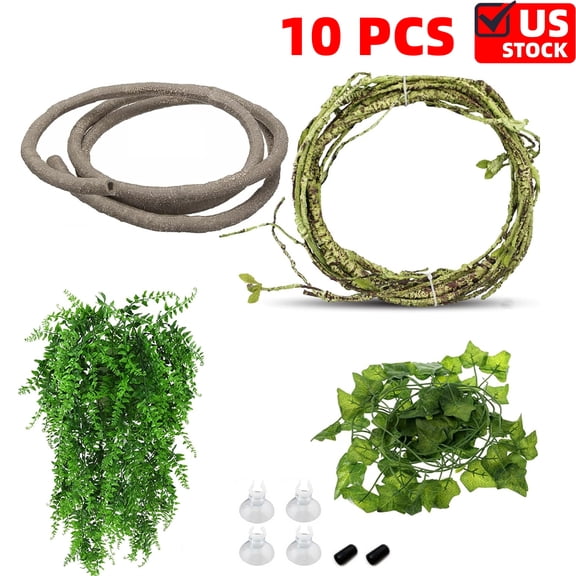 Set of 10 Reptile Vines, Flexible Jungle Climbing Vines Terrarium Plastic Plants ,Leaves Tank Accessories Decor for Gecko Snake Lizard Bearded Dragon Hermit Crab Frog