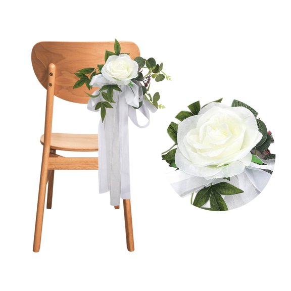 Set of 10 Wedding Aisle Chair Decorations, Silk Rose Chair Back Flowers with Leaves and Ribbons Pew Decorations for Weddings Ceremony Party Chair Decor
