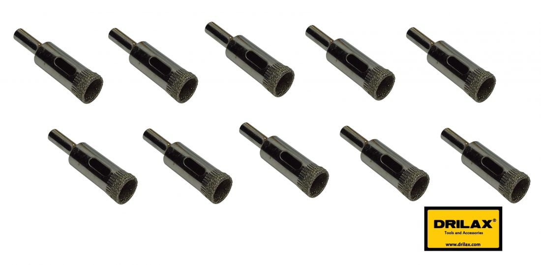 Set of 10 pcs Drilax Diamond Coated Drill Bit Size 1/2 inch in Glass, Marble, Granite, Ceramic Porcelain Tiles, Bottles, Fish Tanks, Stones, Rocks, Gems DIY Kitchen, Bathroom Renovation Drilling - Bul