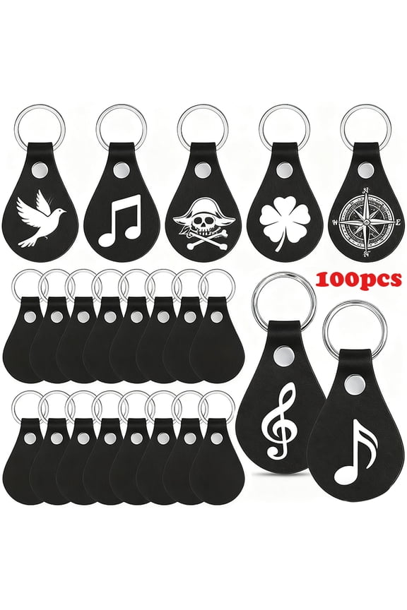 Set of 100 Faux Leather Key Fob Kits - Black Keychain Blanks Made of Faux Leather, Complete with Key Rings And Rivets, Perfect for Bulk Laser Engraving And Keychain Creation, Ideal for Party Favors