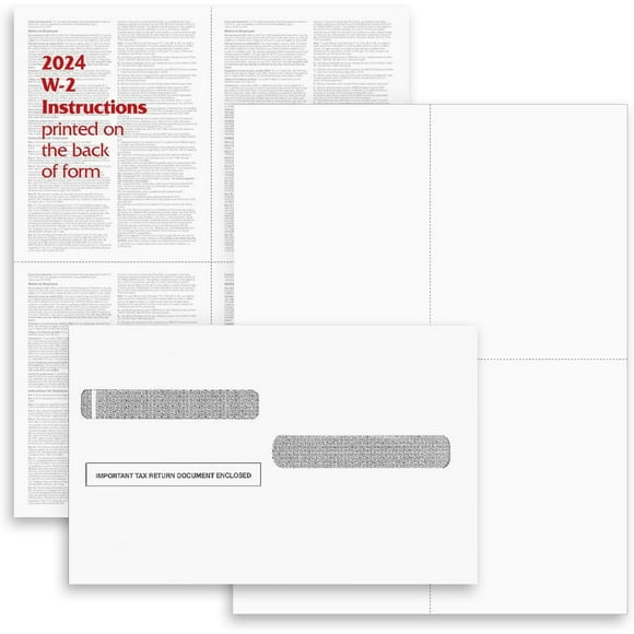Set of 100 Forms with 100 Self Seal Envelopes W-2 4-Up Employee Tax Forms,"Instructions on Back" for 2024, for Laser/Inkjet Printer. Compatible with QuickBooks and Accounting Software