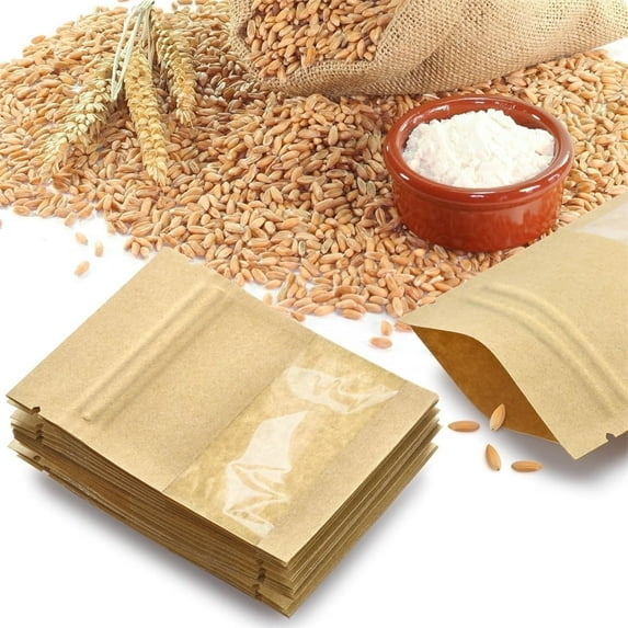 Set of 100 Kraft Paper Seal Zipper Bags,Sample Packaging Bag with Clear Window,Resealable Heat Seal Bags,Seed Packets,Small Business Zipper Pouch,for Flower Seeds Storage 3.5x5.1"