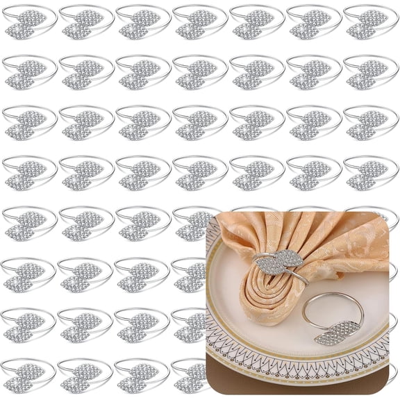 Set of 100 Napkin Rings Metal Silver Elegant Bling Leaves Rhinestone Napkin Rings Bulk Dinner Banquet Serviette Decor, Dining Table Setting for Thanksgiving Christmas Holiday Wedding Party