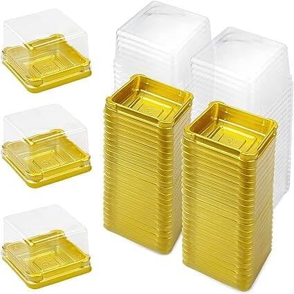 Set of 100 clear plastic mini boxes for cupcakes, with dome, individual boxes for weddings, birthdays, cheese supplies, pastry, dessert, mooncake (square, golden)