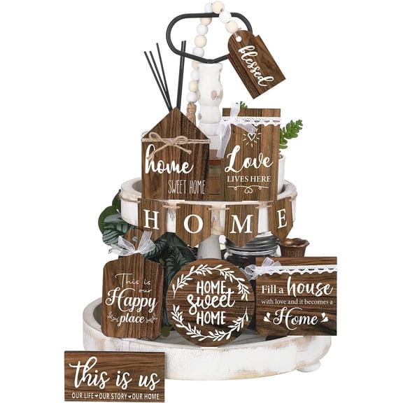 Set of 11 Farmhouse Tiered Tray Decor Rustic Home Tiered Tray Decorations Set Home Wooden Signs Farmhouse Tabletop Wood Signs for Kitchen Table Shelf Decor