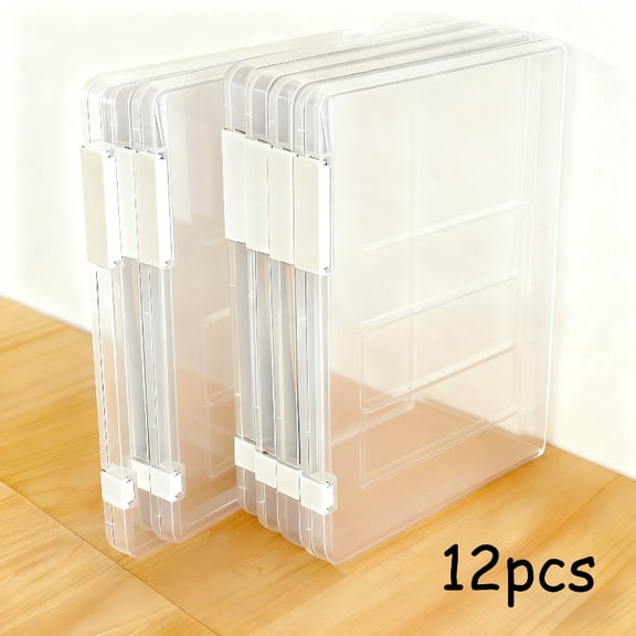 Set of 12 A4 Transparent Plastic Box, Clear File Boxes with Quick-Snap Closure, Document Organizer for Scrapbook Paper, Magazine Holder for Office, File Holder for School Stationery