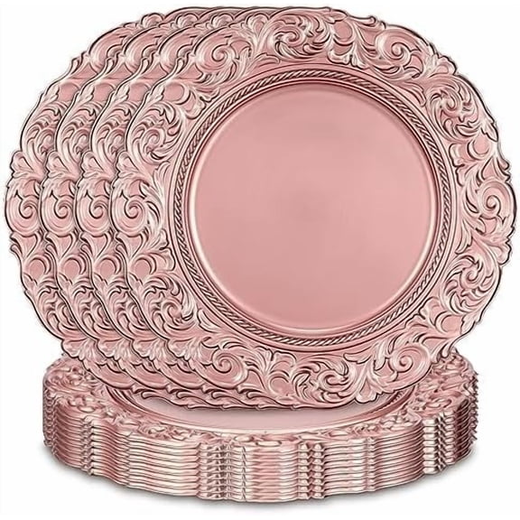 Set of 12 Antique Charger Plates 13 Inch Plastic Vintage Plate Chargers Decorative Embossed Chargers Engraved Baroque Rim Elegant Tableware Decoration for Dinner Table Wedding (Rose Gold)