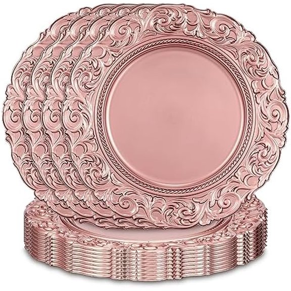 Set of 12 Antique Charger Plates 13 Inch Plastic Vintage Plate Chargers Decorative Embossed Chargers Engraved Baroque Rim Elegant Tableware Decoration for Dinner Table Wedding (Rose Gold)