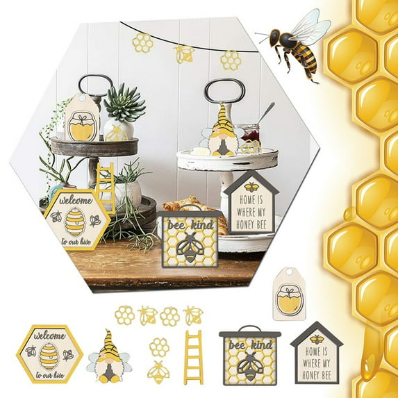 Bee Wooden Sign Tiered Tray Decor, Set of 12 Bumble Bee Wood Block Spring Summer Farmhouse Bee Home Kitchen Decor Self-Standing Display for Tray, Mantel, Bar, Shelf