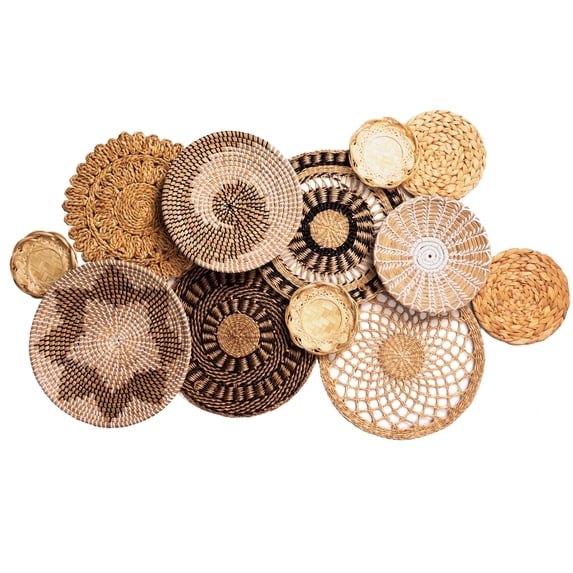 LAQUEDERCRAFT Set 12 Boho Wicker Rattan Plate Basket Set For Décor Hanging Wall For Decorative Home, Bedroom, Living Room, Kitchen (Classic)