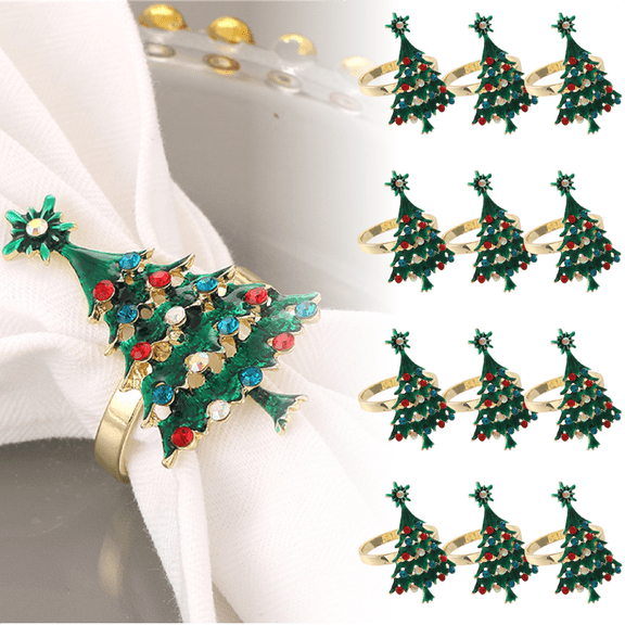Set of 12 Christmas Napkin Rings - Xmas Tree Napkin Holder Rings with Red Blue White Rhinestone for Christmas Holiday Party Dinner Wedding Banquet Dinning Table Settings Decoration