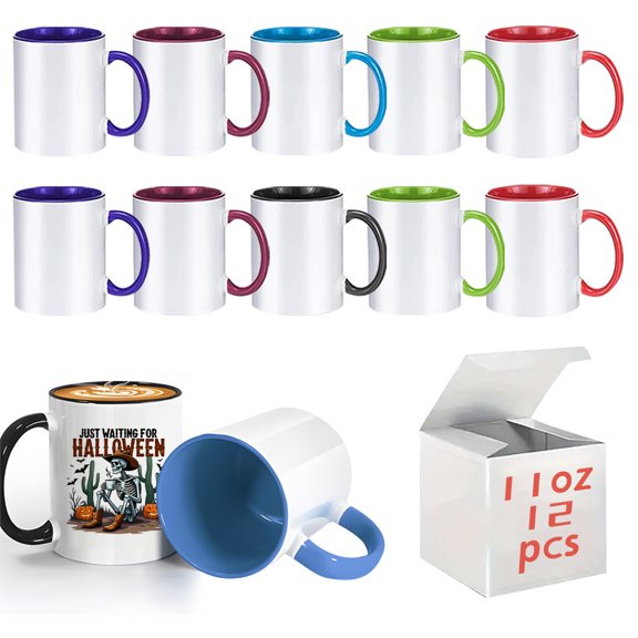 Set of 12 Colorful 11Oz Coffee Mugs with White Gift Boxes, Perfect for Sublimation. Ideal for Crafting, And Great Gifts for Halloween, Christmas, Birthdays, And Graduations