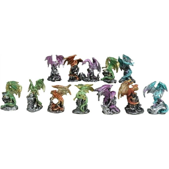 Set of 12 Colorful Metallic Red Green Purple Blue Wyvern Dragons On Rocks in Multiple Poses Miniature Figurines Whimsical Medieval Fantasy Dragon Wyrmlings Fairy Garden Mini Statues