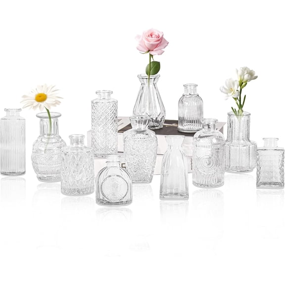 Set of 12 Glass Bud Vase Set, Small Vintage Clear Flower Vase Centerpieces for Table Bulk Cute Rustic Style Mini Vase for Home Decor Wedding Baby Shower Birthday Party