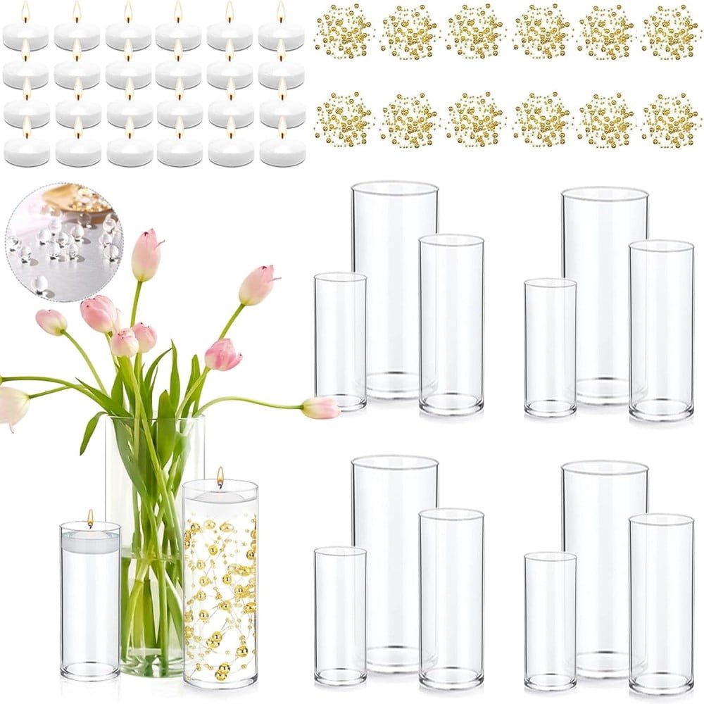 Set of 12 Glass Cylinder Vases for Centerpieces with 8 Pack Vase Filler ... - Glass Textured Vase Fillers For Apartment Decor