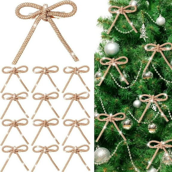 Set of 12 Gold Glitter Christmas Bow Clips Alloy Rhinestone Xmas Ornaments with Metal Clip for Holiday Tree Decorations Gift Wrapping Present Bows Party Favor Bulk Holiday Decor