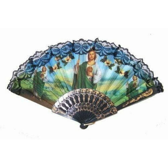 Set of 12 Hand Held Saint Jude Folding Fans w/Gift Bags for Party Favors, Party Decor, Church, Baptism, First Communion, Religious Gift, Table Setting