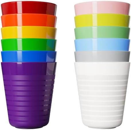 Set of 12 Kids Plastic Cups- 8 oz Children Drinking Cups Reusable Unbreakable Plastic Stackable Water Tumblers for Kids & Toddlers Bright Colored- Dishwasher and Microwave Safe
