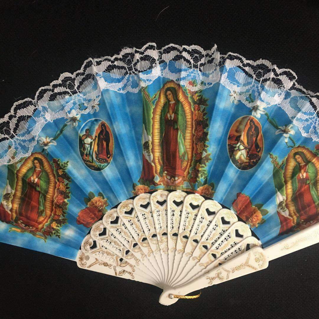 Set of 12 Lady of Guadalupe Hand Held Folding Fans w/Gift Bags for Party Favors, Party Decor, Church, Baptism, First Communion, Religious Gift, Table Setting