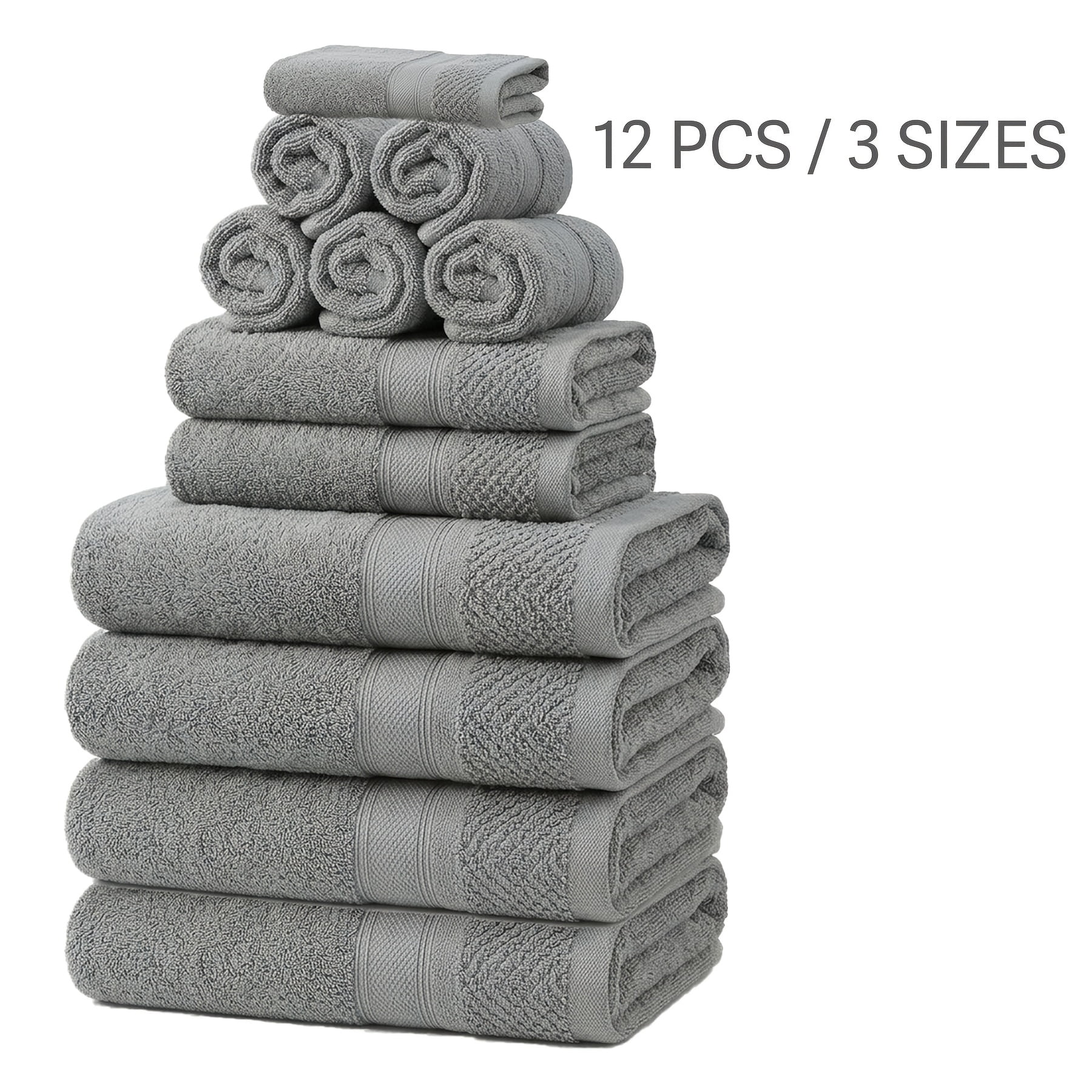Set Of 12 Luxurious Cotton Towels Set, Ultra Soft & Highly Absorbent Premium Towels, Includes 4 Bath Towels, 2 Hand Towels & 6 Washcloths, Luxury Hotel Quality Shower Towels for Family & Guest Room.