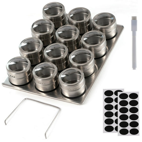 Set of 12 Magnetic Spice Jars Containers Stainless Steel Round 100ml Circular Spice Tins Spice Storage Containers Box Set Countertop Organization with Lids and Magnetic Base for Cabinet Kitchen