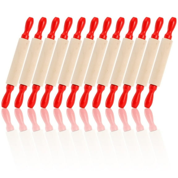 Set of 12 Mini Rolling Pin, 8 Inch Wood Dough Roller for Baking with Red Handle, Small Clay Rolling Pin for Craft Fondant Pastry Pizza Crafting and Imaginative Play