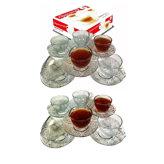 Set 12 Piece Cup & Saucer Set Glass Tea Party Microwave Safe Coffee or Espresso.pack of 2