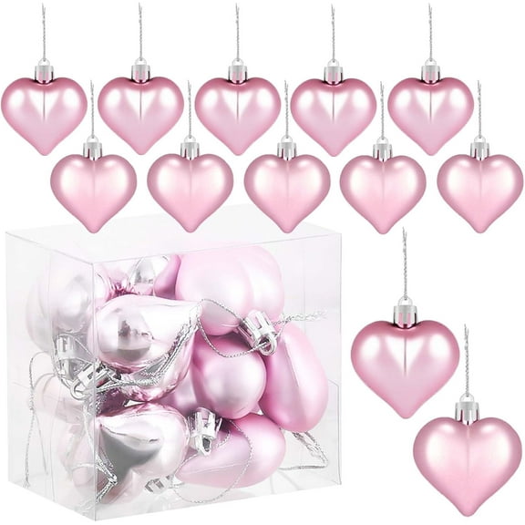 Set of 12 Pink Heart Ornaments for Christmas Valentine Tree Decorations, 1.8 inch Mini Valentines Ornaments for Small Tree, Heart Shaped Plastic Shatterproof Hanging Balls Holiday Party Decor