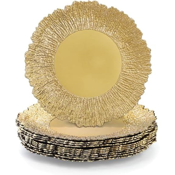 Set of 12 Plastic Charger Plates, 13" Reusable Reef Serving Chargers for Dinner Plate Round Shiny Decorative Charger Plate for Wedding, Catering, Parties, Restaurant, Home Dinner Use (Gold)