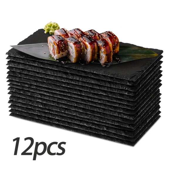 Set of 12 Premium Natural Slate Serving Platters in Black, Rectangular and Square Shapes for Charcuterie, Cheese, Sushi, and Creative Food Presentation