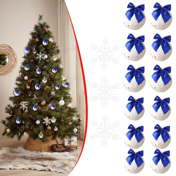 Set of 12 Red Bow Snowball Ornaments, Christmas Tree Decor, Holiday Ornament Set, Festive Wreath Accents, White Snowball Decorations, Christmas Home Decor