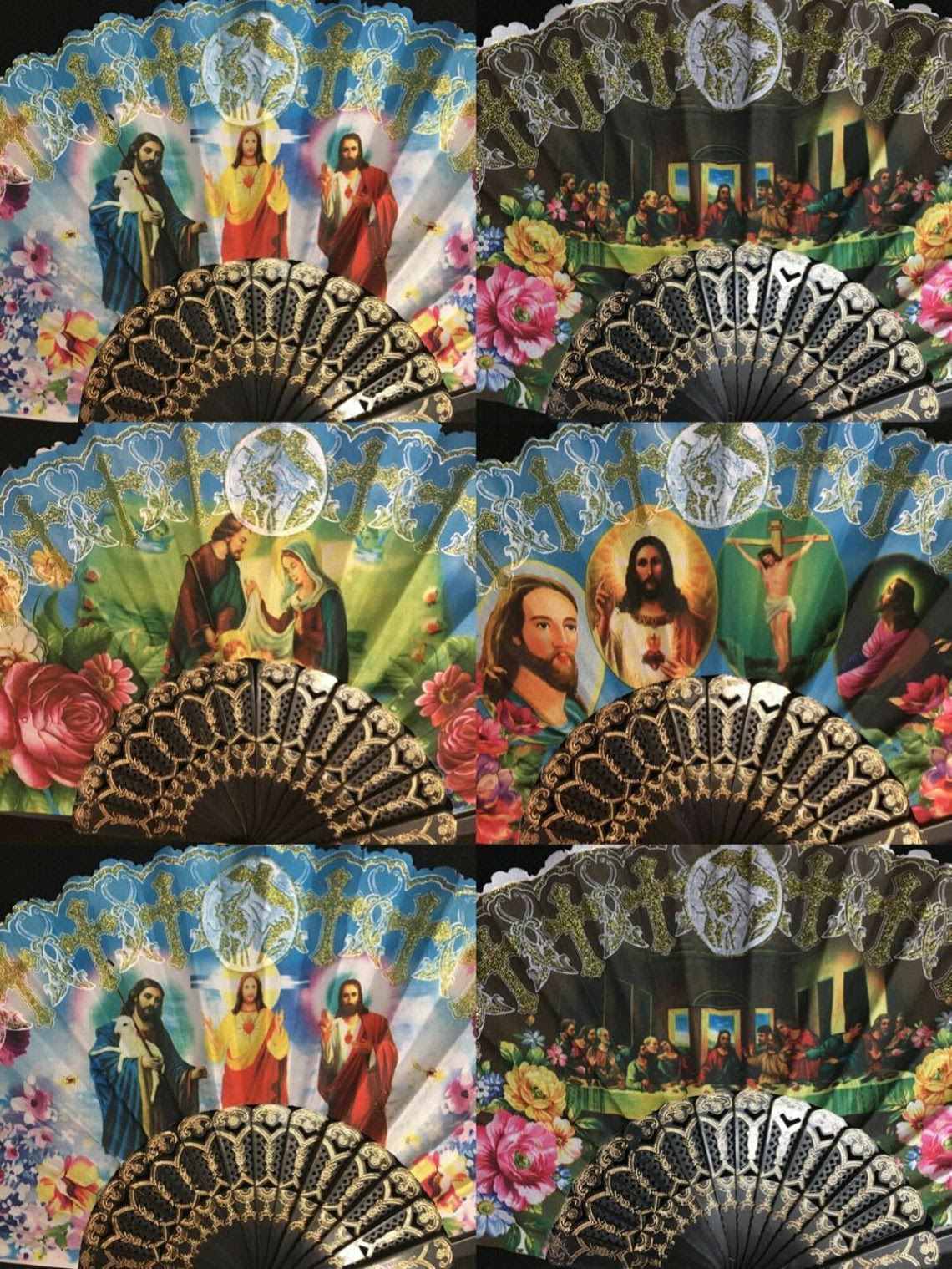 Set of 12 Religious English Hand Held Folding Fans w/Gift Bags for Party Favors, Party Decor, Church, Baptism, First Communion, Religious Gift, Table Setting