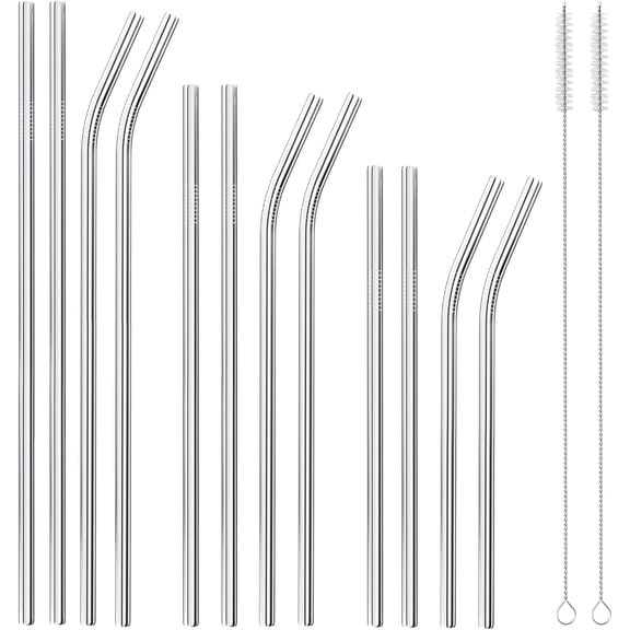 Set of 12 Reusable Stainless Steel Straws,0.31'' wide 3 Size - 12.2''10.5''8.5''Long Reusable Straw Chocolate Milk Straws with 2 Cleaning Brush for 10/20/30/40 oz