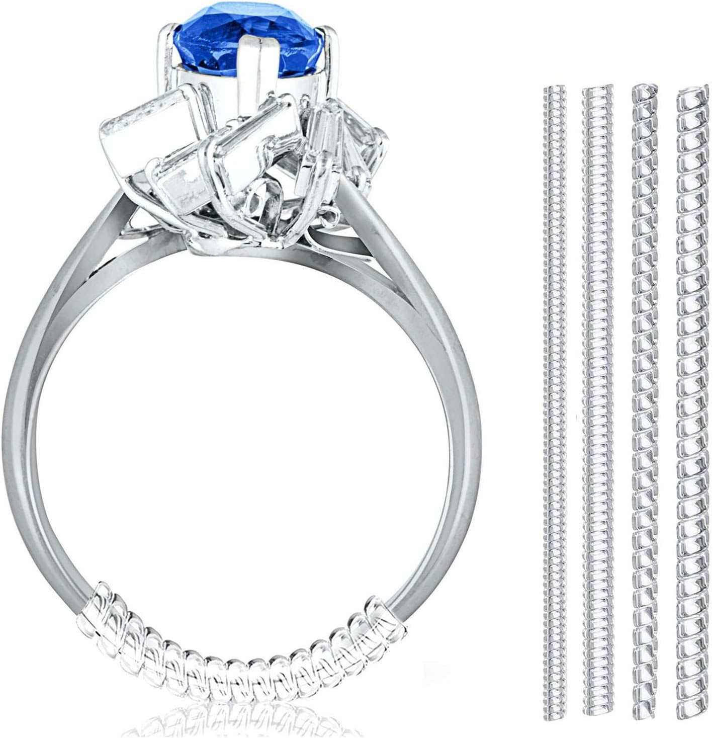 TOSEERY Set of 12 Ring Size Adjuster for Loose Rings | 4 Sizes - 2mm/ 3mm/ 4mm/ 5mm | Ring Fitter, Sizer, Clear Spiral Silicone Tightener | Fits Men and Women Rings | with Jewelry Polishing Cloth