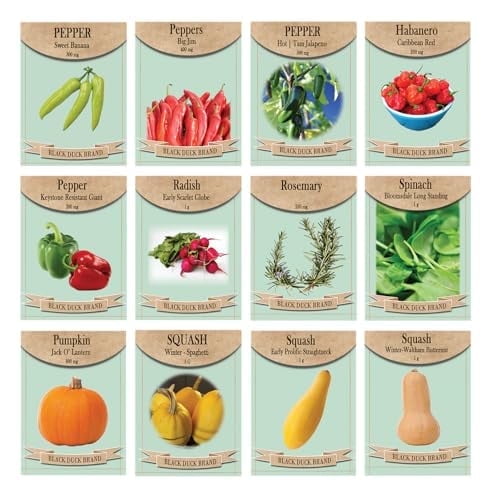 Set of 12 Spicy & Savory Sensations: Hot Peppers, Sweet Squash, and Flavorful Herbs - Non GMO, Heirloom, and High Germination Vegetables and Herbs - Banana Pepper, Rosemary, & Spaghetti Squash