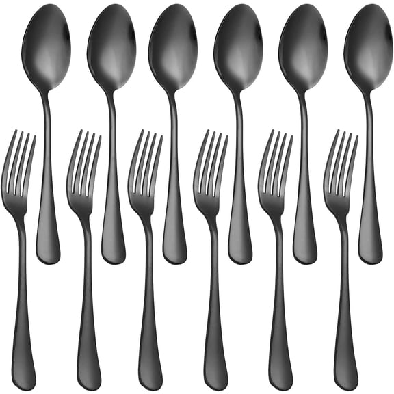 Set of 12, Stainless Steel Dinner Forks and Spoons Silverware Set, Heavy-Duty Forks (8 Inch) and Spoons (6.7 Inch) Cutlery Set, Dishwasher Safe (Black)